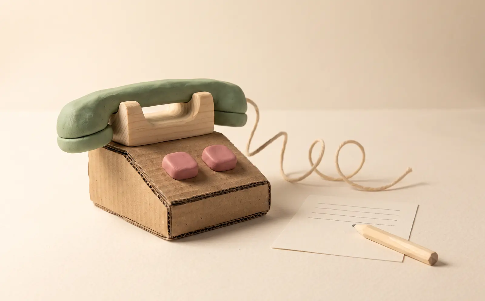 Knetfiguren-Stillleben: ein Kartontelefon mit salbeigrünem Hörer und Schnurkabel, daneben ein Notizzettel und ein Bleistift