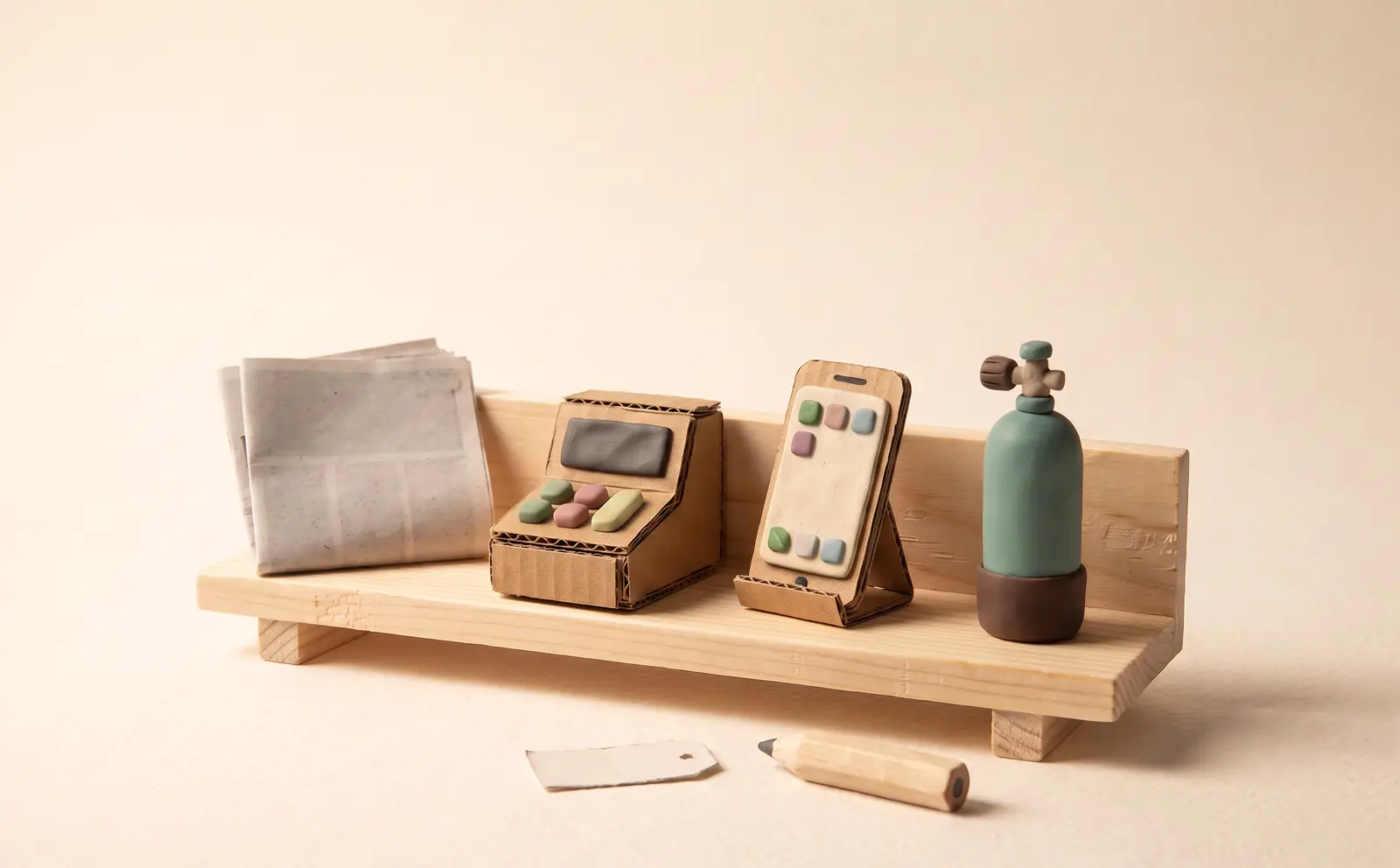 Knetfiguren-Stillleben: ein Holzsims mit vier Miniaturen — Zeitung, Kartonkasse, Telefon und Tauchflasche